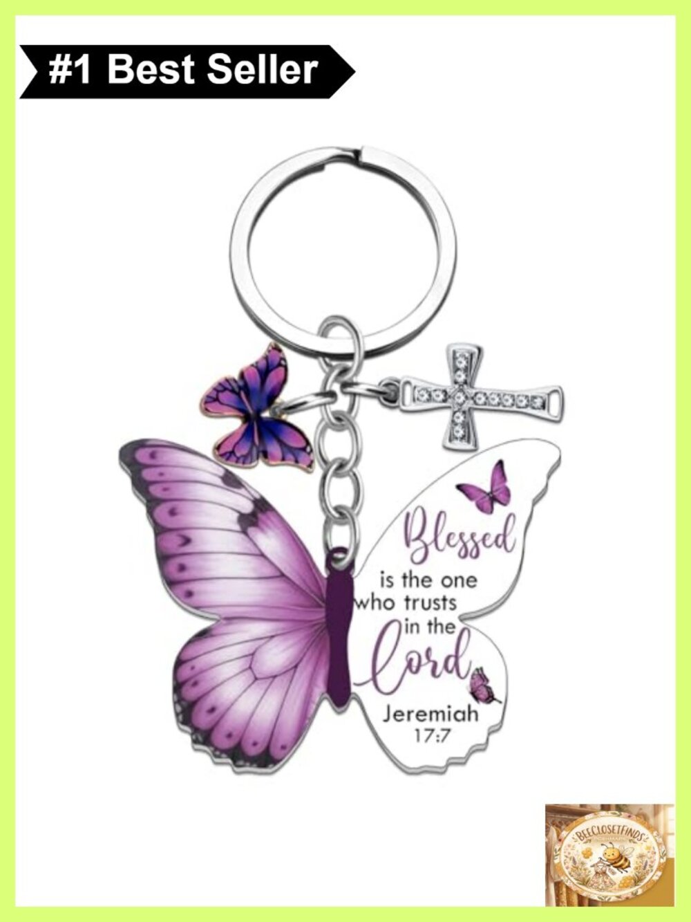 Butterfly Cross Bible Verse Keychain Stainless Steel Christian Gift